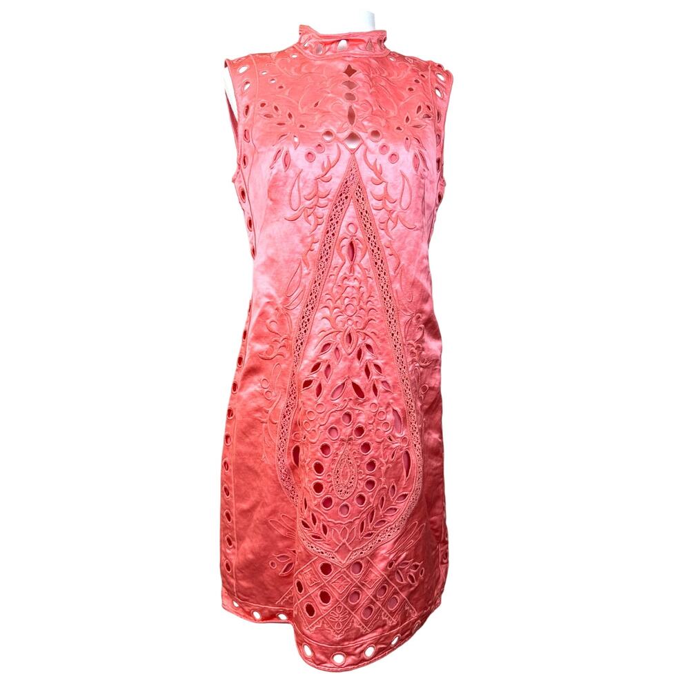 Nanette Lepore Linen Eyelet Sheath Dress Coral Salmon Sleeveless Size 2